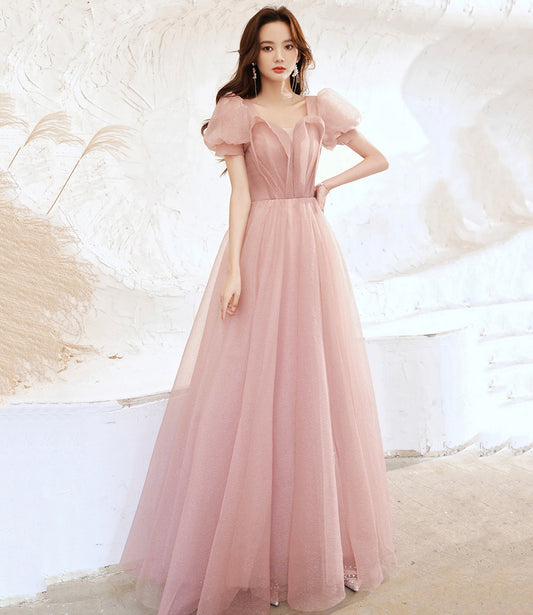 Pink tulle long prom dress pink evening gown  10258