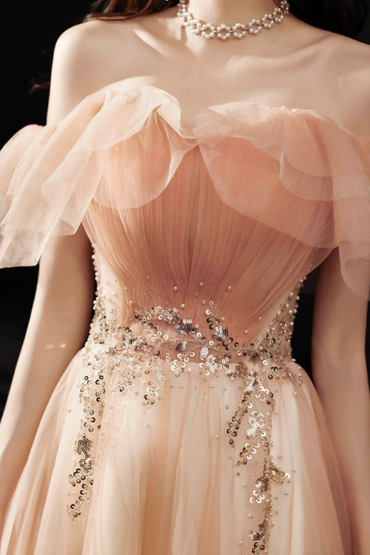 Pink tulle sequins long prom dress evening dress  8600