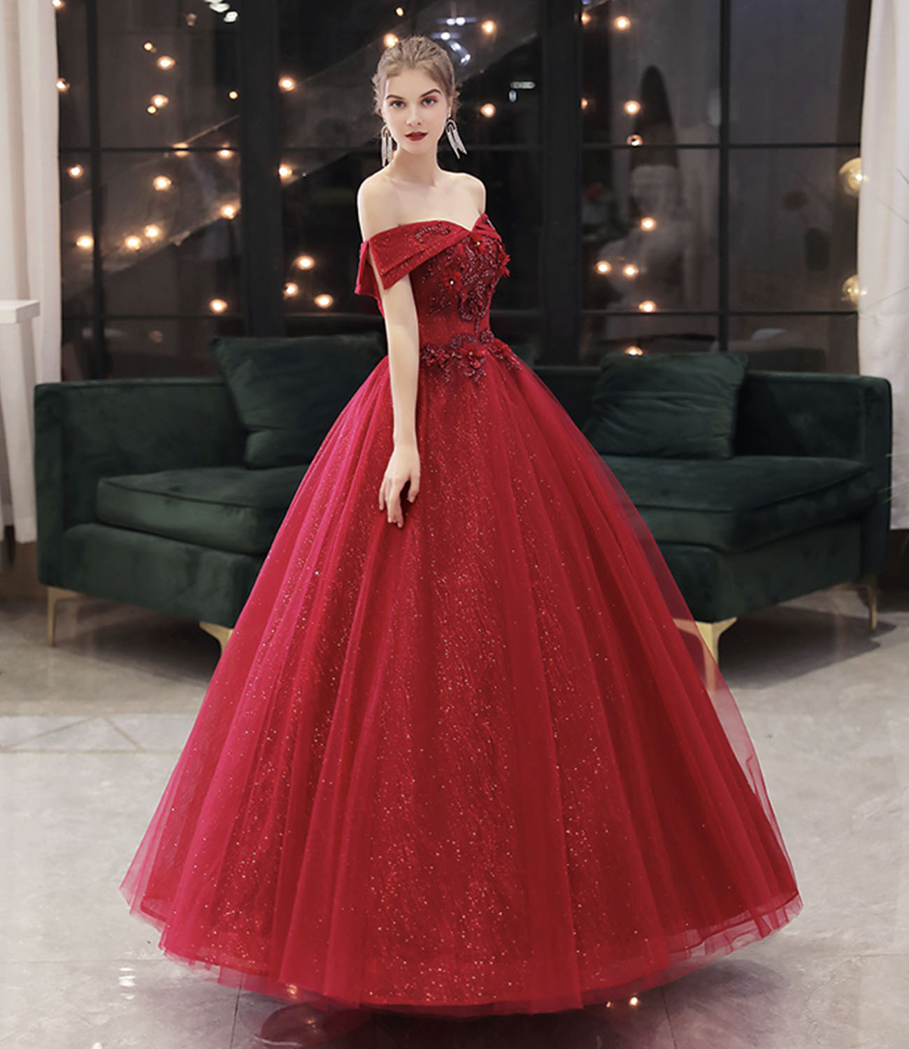 Burgundy tulle lace long prom dress A line evening gown  10323