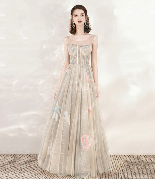 Champagne tulle sequins long prom dress evening dress  10542