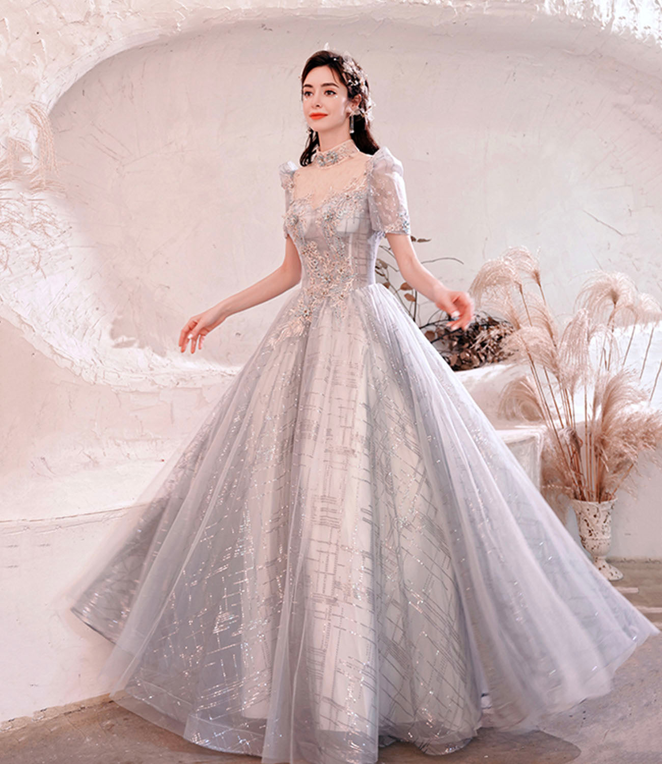 Gray tulle sequins long ball gown dress formal dress  10322