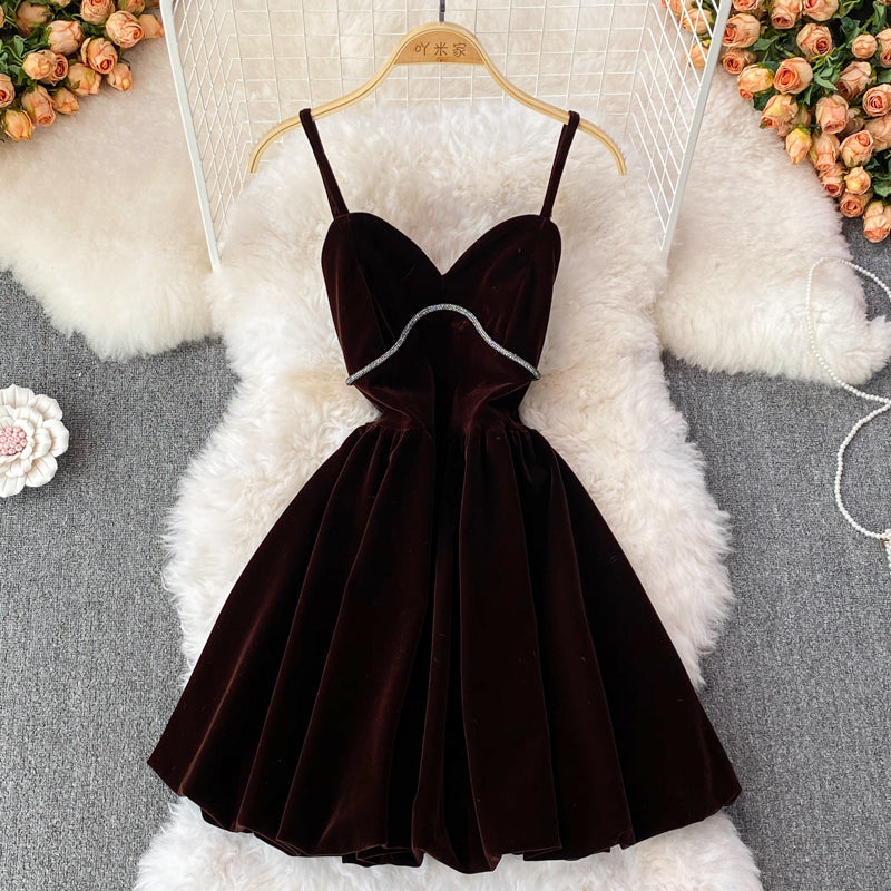 Cute V Neck Velvet Short Dress Fashion Dress  10854