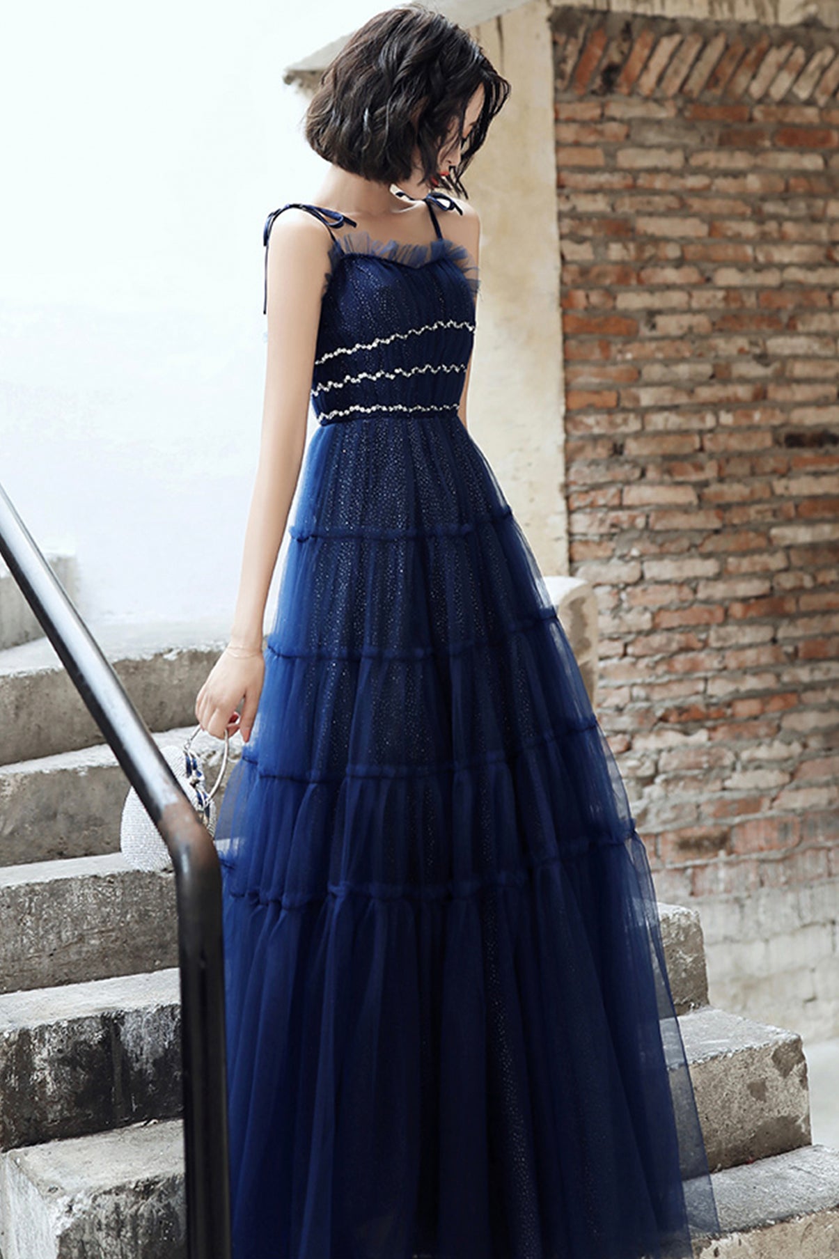 Blaues langes Ballkleid aus Tüll in A-Linie blaues Abendkleid 8741