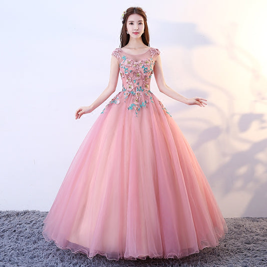 Pink tulle lace long ball gown dress formal dress  8765