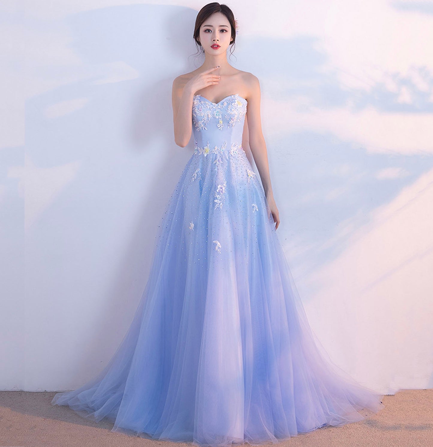 Blue tulle lace long prom dress blue evening gown  10211