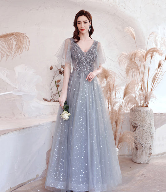 Gray tulle sequins long prom dress A line evening dress  10528