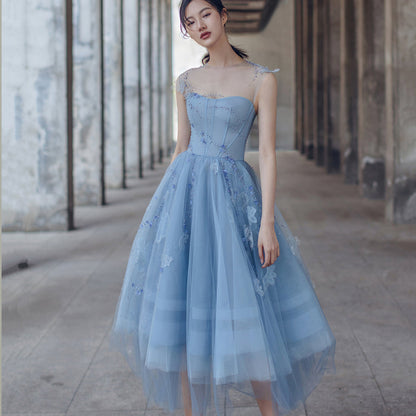 Cute blue tulle short prom dress evening dress  8182