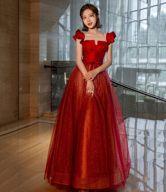 Red tulle long A line prom dress red evening dress  8852