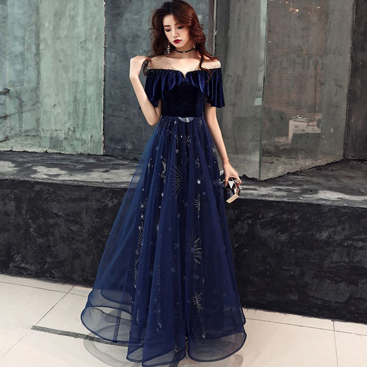 Blue velvet tulle prom dress A line evening dress  8480