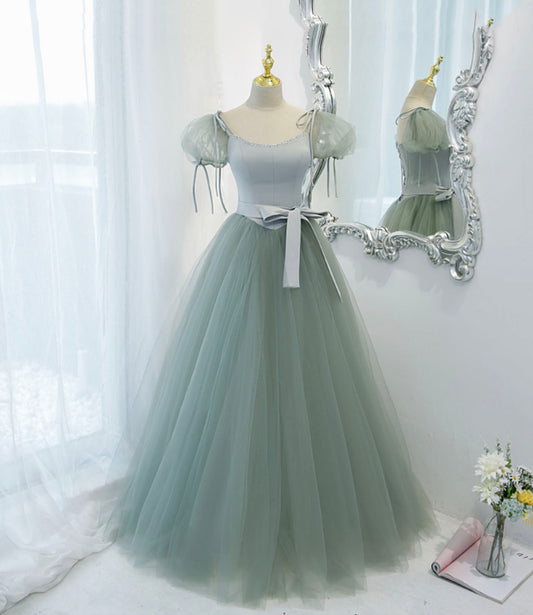 Green satin tulle long prom dress A line evening dress  10445