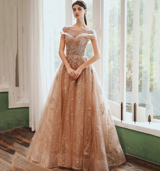 Shiny tulle sequins long prom dress formal dress  8977