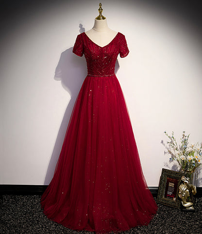 Burgundy tulle beads long ball gown dress formal dress  10141