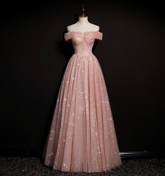 Pink tulle long A line prom dress pink evening dress  8695