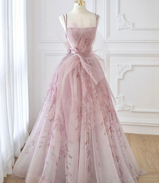 Pink tulle beads long prom dress A line evening dress  10643