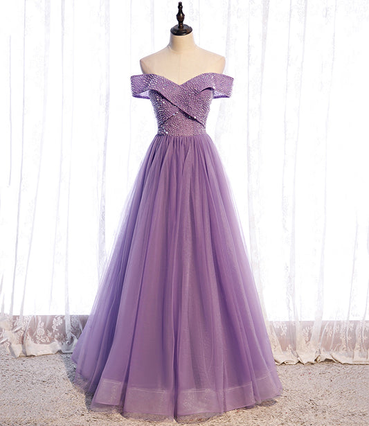 Purple tulle beads long A line prom dress evening dress  8790