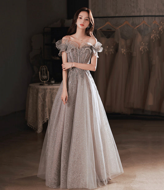 Gray tulle sequins long prom dress gray evening dress  10451