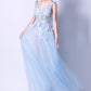 Blue tulle lace long A line prom dress blue evening dress  8753