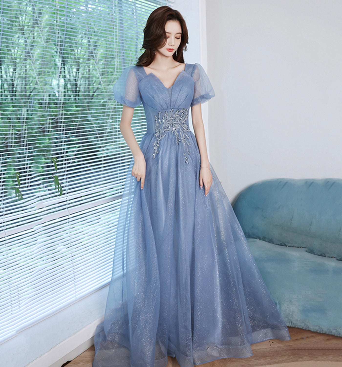 Blue tulle sequins long prom dress A line evening gown  10013