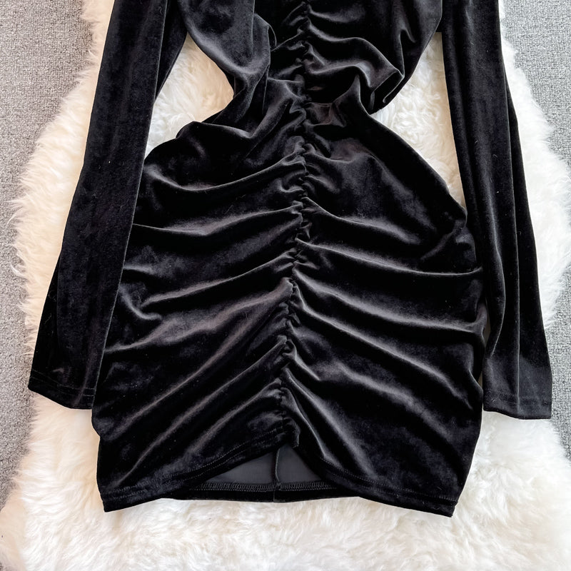 Black Velvet Long Sleeve Dress Fashion Dress  10936