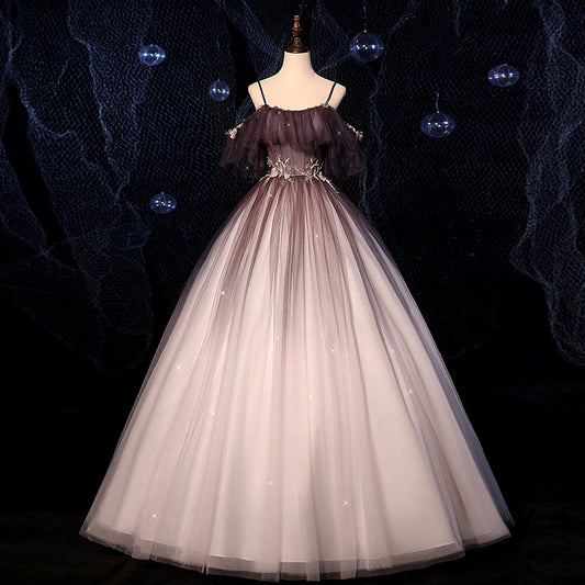 Brown Delicate Floral Applique Fashion A-Line Long Tulle Ball Gown Evening Dress 8721