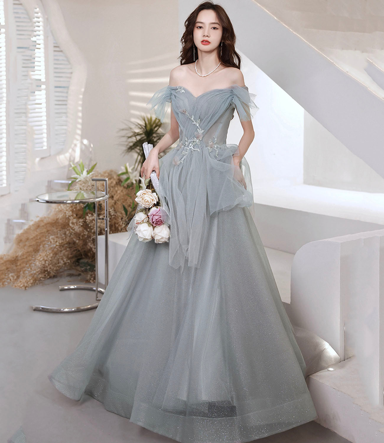 Robe de soirée longue en tulle gris à paillettes Robe de soirée trapèze 10646