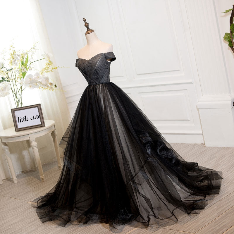 Schwarzes schulterfreies langes Ballkleid aus Tüll, schwarzes Abendkleid 7899