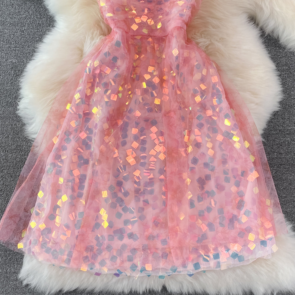 Glittering Sequin lady mesh pink suspender dress summer  11003