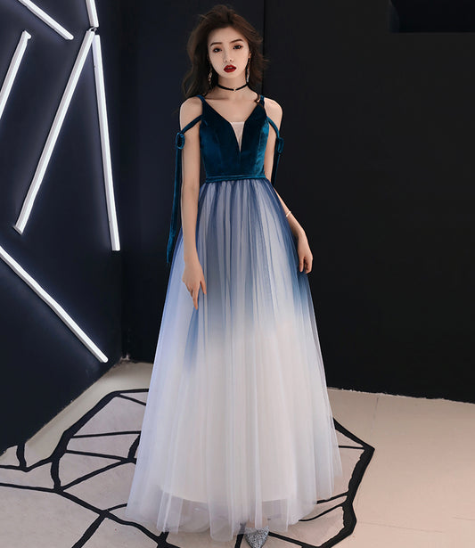 Blue velvet tulle long prom dress evening dress  10069