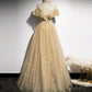 Gold tulle sequins long ball gown dress formal dress  8549