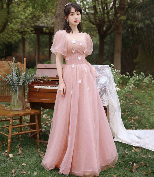 Pink tulle long prom dress A line evening dress  10587