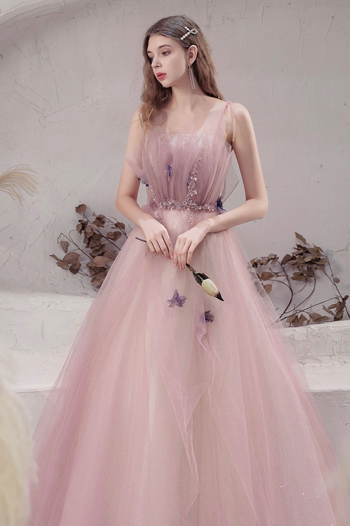 Pink tulle long A line prom dress evening dress  8570