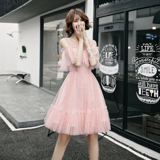 Pink A line tulle short dress, party dress  8251