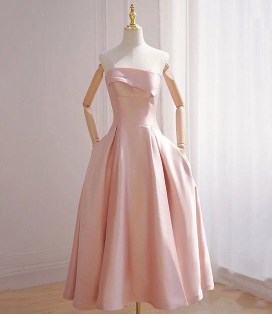Pink satin short A line prom dress evening dress  8817