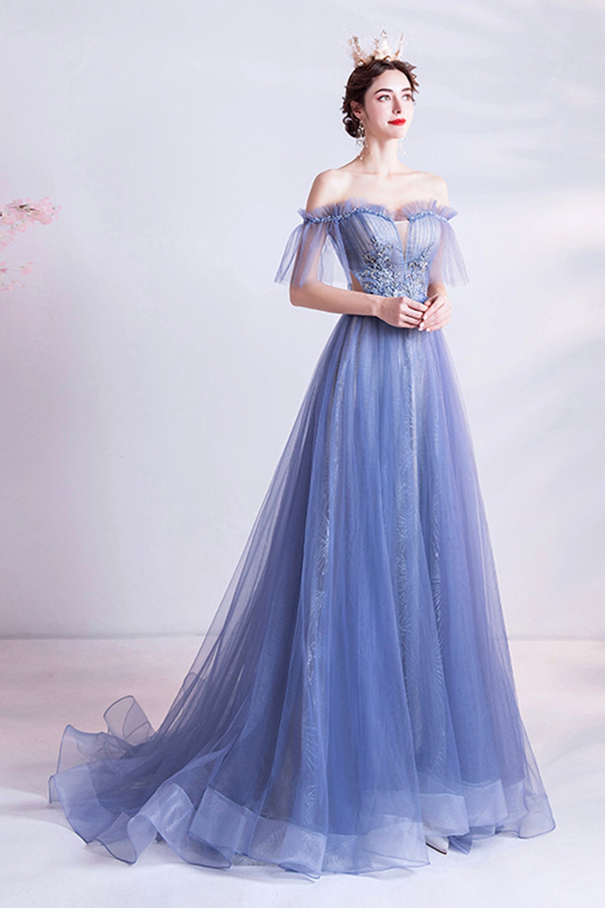 Blue tulle lace long A line prom dress evening dress  8670
