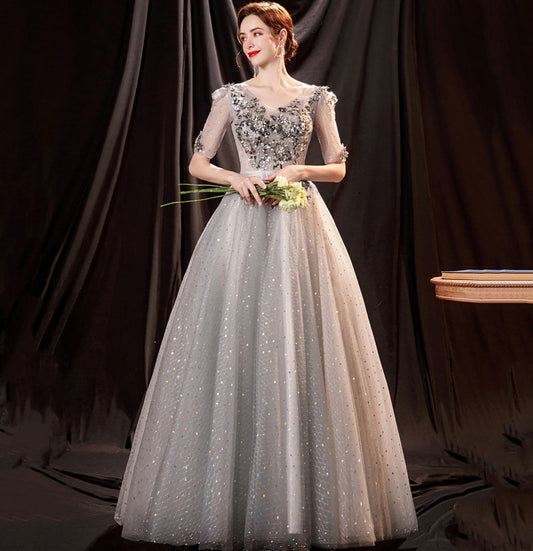 Gray tulle sequins long ball gown dress formal dress  10147