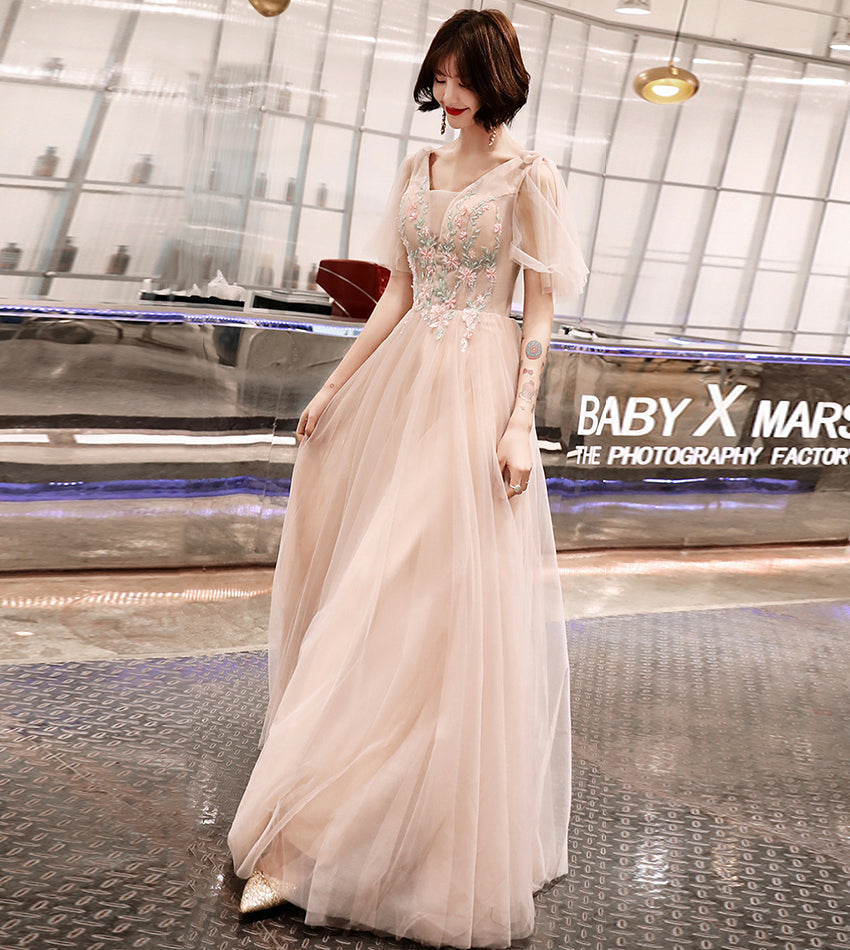 Stylish v neck tulle lace long prom dress formal dress  8535