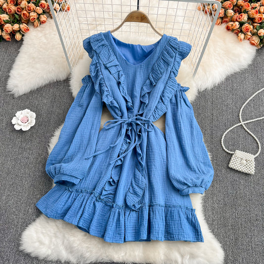 Blaues Langarmkleid mit V-Ausschnitt Modekleid 10916