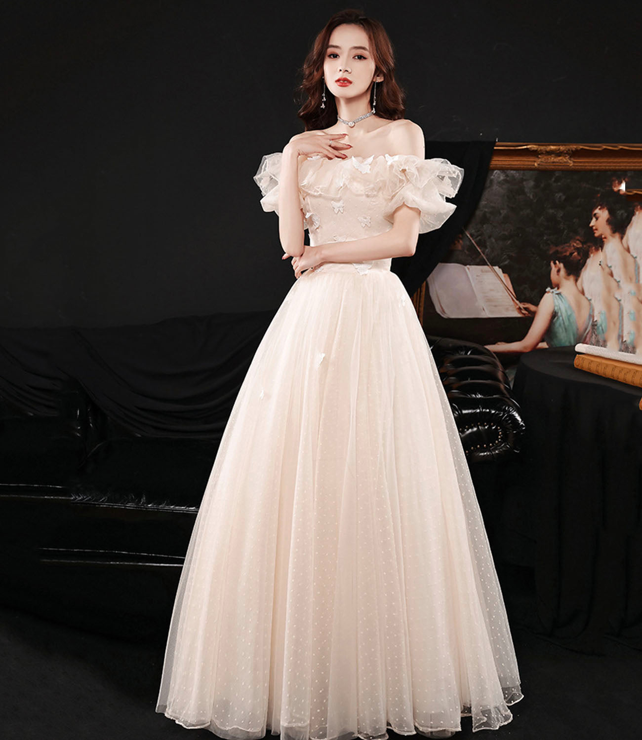Champagne tulle long prom dress A line evening dress  10423
