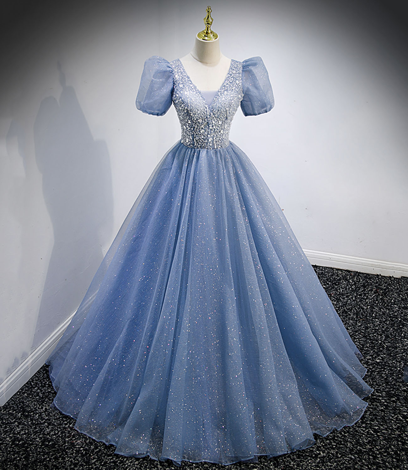Blue tulle sequins long prom dress blue evening dress  10159