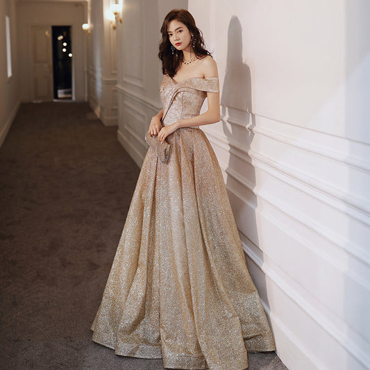 Robe de soirée longue en paillettes dorées, coupe A, 8573