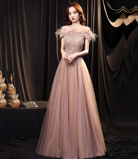 Cute tulle lace long prom dress A line evening gown  10165
