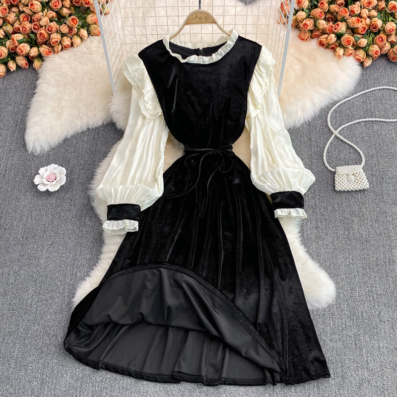 Black Velvet Long Sleeve Dress Fashion Dress  10954