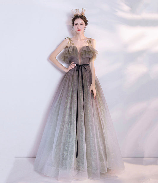 Gray green tulle sequins long prom dress evening dress  10616