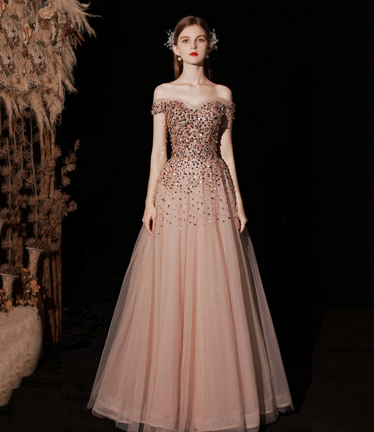 Shiny tulle sequins long prom dress A line evening gown  10415