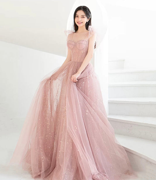 Pink tulle long prom dress A line evening dress  10421