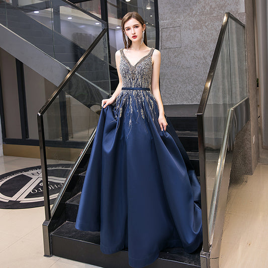 Hochwertiges V-Ausschnitt Perlen langes Ballkleid blaues Abendkleid 8526