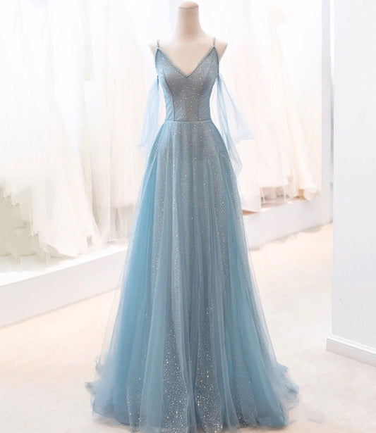 Blue tulle long A line prom dress blue evening dress  8764
