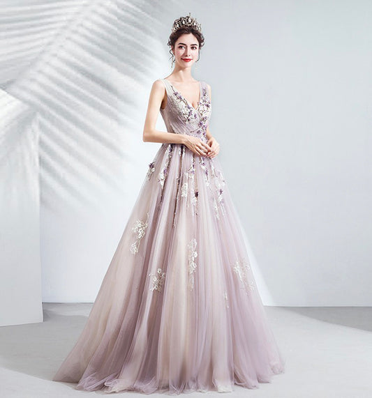 Purple tulle long A line prom dress evening gown  10073