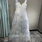 Blue white beautiful charming floral print sweetheart neckline A-line long chiffon ball gown evening dress wedding holiday party dress gh1790