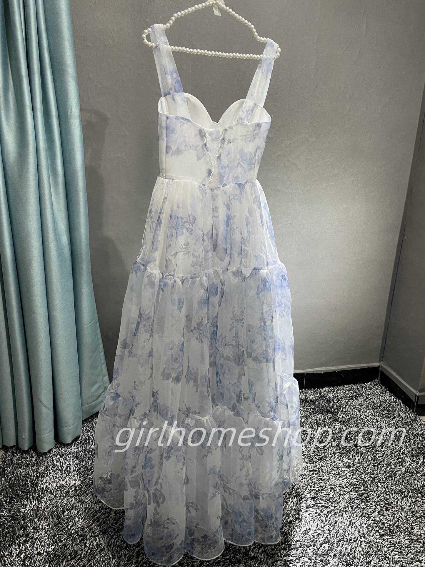 Blue white beautiful charming floral print sweetheart neckline A-line long chiffon ball gown evening dress wedding holiday party dress gh1790